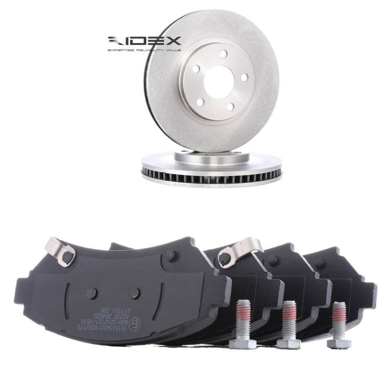 Image of RIDEX 3405B2574 Brake disc and pads set Front Axle, Brake Disc Type: Vented, with acoustic wear warning Brake Set,disc brakes (3405)
