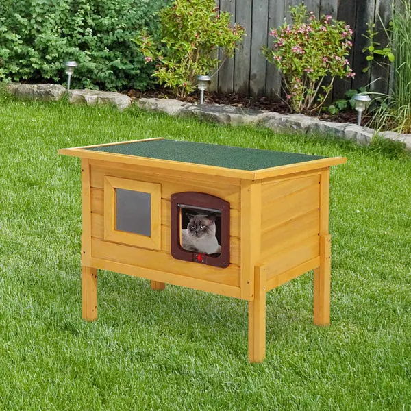 Image of Pawhut Outdoor Wooden Cat House w/ Waterproof Roof - Yellow