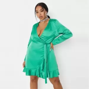 image of Missguided Satin Wrap Tie Waist Mini Dress - Green