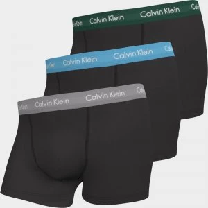 Image of Calvin Klein Mens Cotton Stretch 3 Pack Trunks with Contrast Waistband - B-Jade Sea/Sky High/Sleek Silver - L