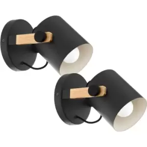 Image of 2 PACK LED Wall Light / Sconce Wood / Adjustable Black & Creme Shade 28W E27