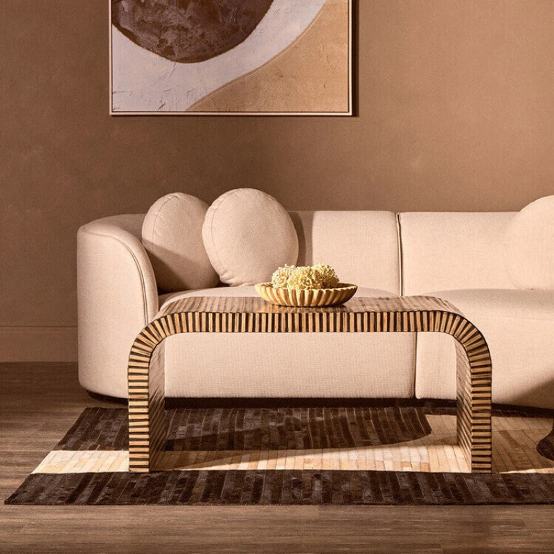 Image of Orsina Natural Finish Curved Coffee Table with Striped Bamboo Inlay Bambusa