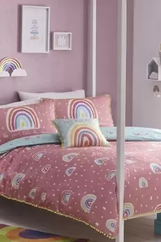 image of 'Rainbow Pom' 100% Cotton Reversible Kids Duvet Cover Set With Pom Pom Embellishments