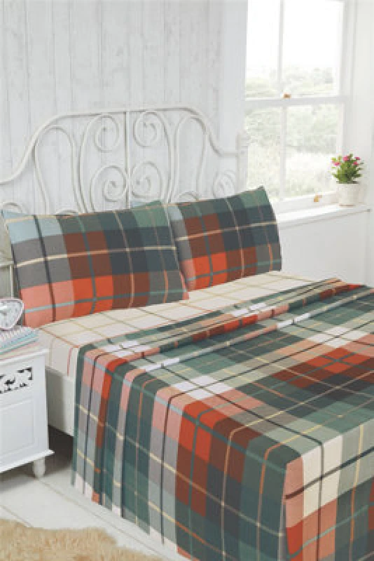 Image of Rapport Home Lomond Brushed Cotton Check Luxury Flannelette Complete Sheet Set in Terracotta Size: King Terracotta Unisex King