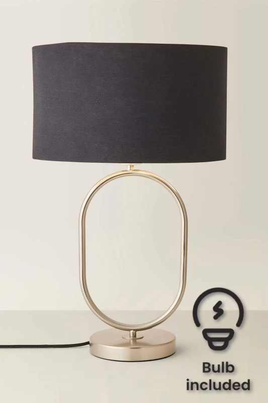 Image of ValueLights ValueLights Antonia Fabric with Chrome Drum Shade Chrome Oval Table Lamp with Bulb in Black One Size Unisex 5059406066818