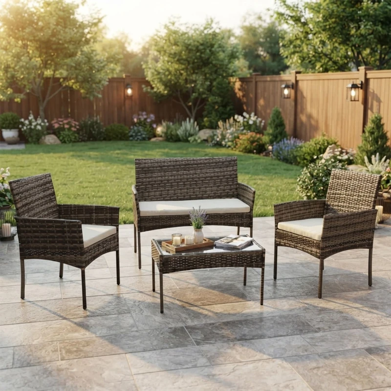 Image of Alivio 4 Seater Rattan Furniture Set with Coffee Table & Anti-UV Cushions for Indoor Outdoor Patio Garden - Grey Grey Unisex