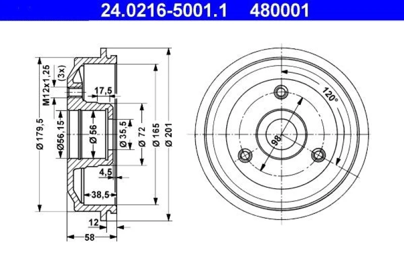 Image of ATE 24.0216-5001.1 Brake Drum 201,0mm, without wheel bearing Brake Drum (123)