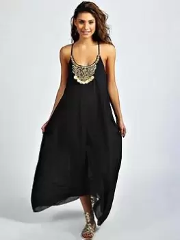 Image of Boohoo Beaded Neckline Maxi Dress - Black, Size 10, Women