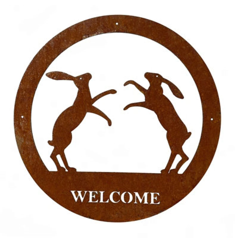 Image of Poppy Forge Boxing Hares Large Wall Art - With Text - Steel - W49.5 X H49.5cm - Bare Metal/ready To Rust