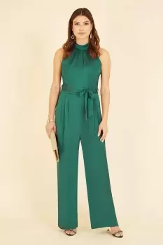Image of Green Satin Halterneck Jumpsuit With Pockets