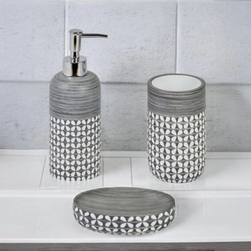 Image of Showerdrape Ravello Geo Floral Grey & White 3 Piece Bathroom Accessory Set, Grey RAV-3SET