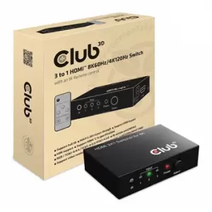 image of Club 3D 3 to 1 HDMI Switch with Remote Control