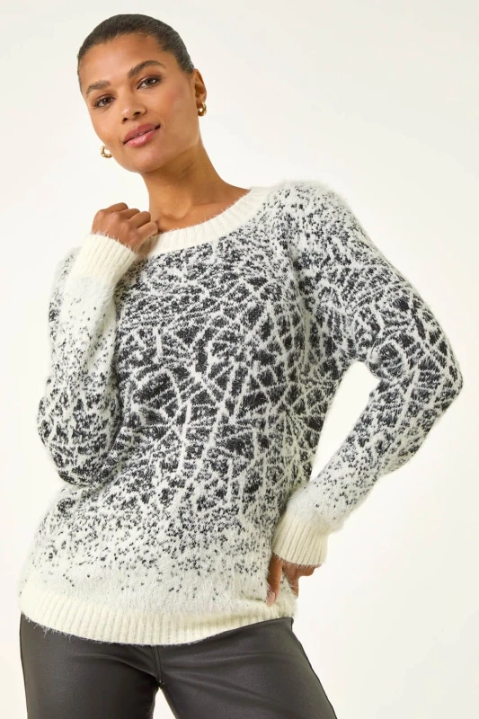 Image of Roman Womens Mosaic Print Fluffy Jumper in Ivory Size: 10 Ivory Female 10