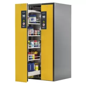 image of asecos Type 90 fire resistant vertical pull-out cabinet, 2 drawers, 8 tray shelves, grey/yellow