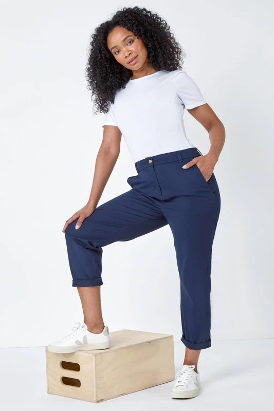 Image of Roman Womens Petite Cotton Blend Stretch Chino Trousers in Navy Size: 18 Navy Female 18