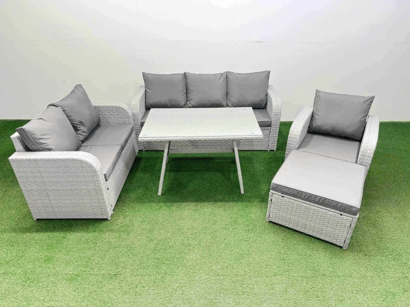 Image of Fimous Patio Dining Table & Chairs Set with Reclining Chair Big Stool in Light Grey Light Grey Unisex