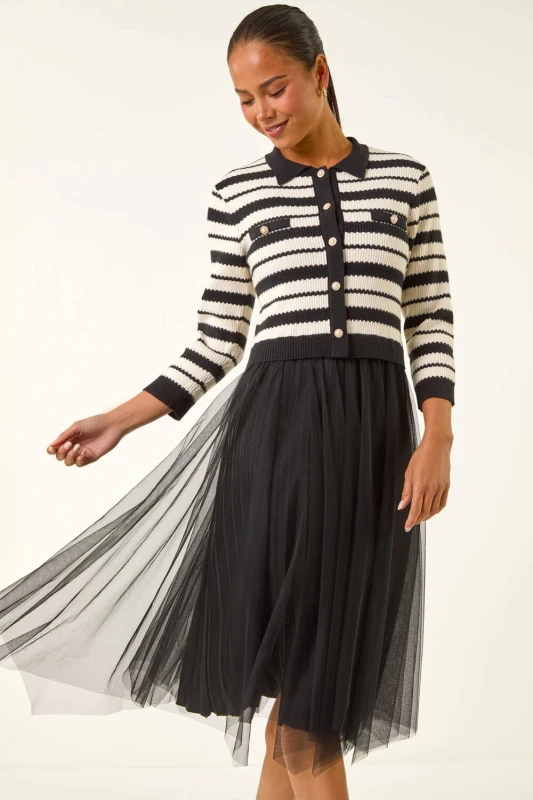Image of Roman Womens Petite Stripe Knit Midi Dress in Black Size: 16 Black Female 16