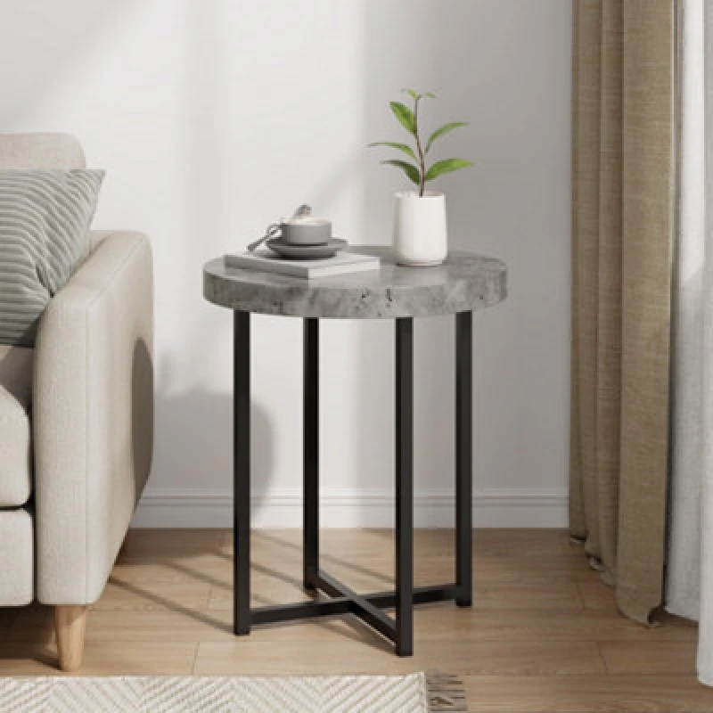 Image of Vonhaus Grey Side Table, Concrete Effect Graphite Round End Table For Lounge, Living Room & Bedroom With Industrial Black Legs