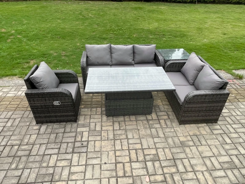 Image of Fimous Outdoor Rattan Furniture Garden Dining Set Patio Height Adjustable Rising lifting Table Reclining Chair Sofa With Side Table Dark Grey Mixed Da