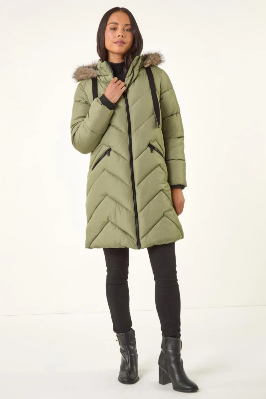 Image of Roman Womens Petite Contrast Zip Puffer Coat in Khaki Size: 14 Khaki Female 14
