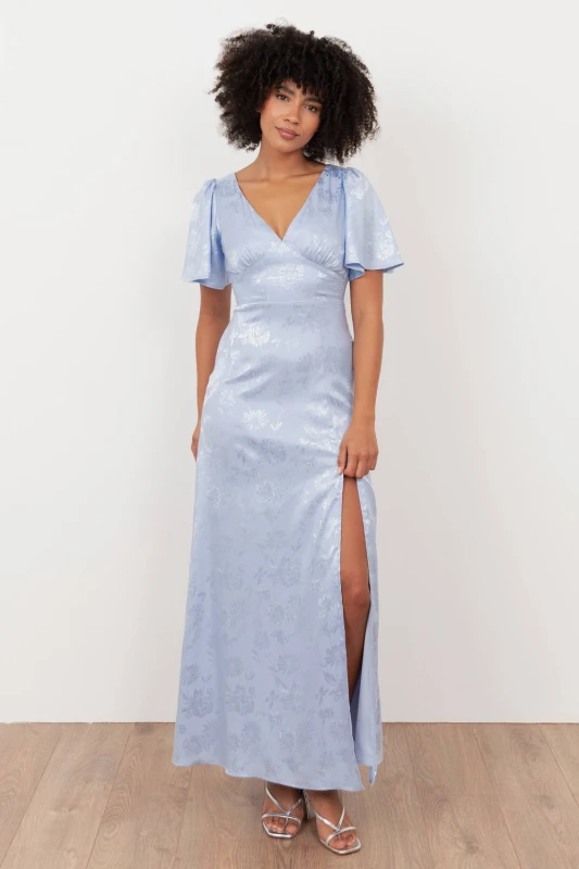 Image of Maya Deluxe Womens Floral Jacquard Satin Maxi Dress in Light Blue Size: 16 Light Blue Female 16