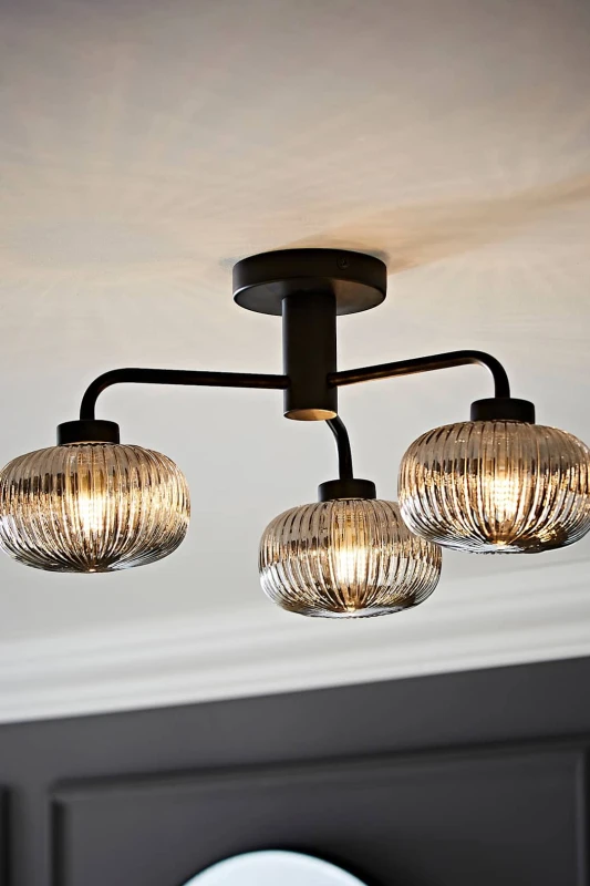 Image of ValueLights Amaia Matte Black IP44 3 Way Smoked Ribbed Glass Ceiling Light with LED Bulbs Black