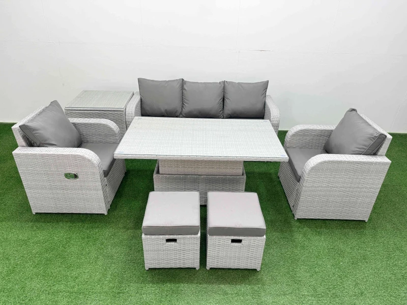 Image of Fimous PE Rattan Garden Furniture Set Reclining Chair Sofa Lounge Sofa Set Adjustable Lifting Dining or Coffee Table Side Table 2 Small Stools Light G