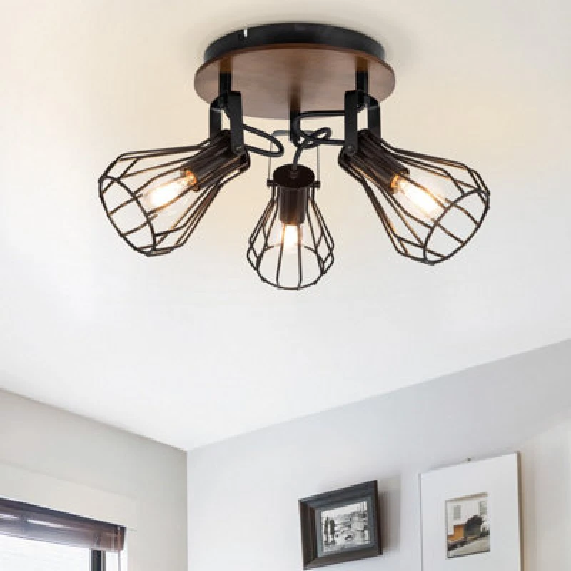 Image of Cosylyte Kandan 3 Light Matt Black Wire Shade Spotlight With Wooden Backplate