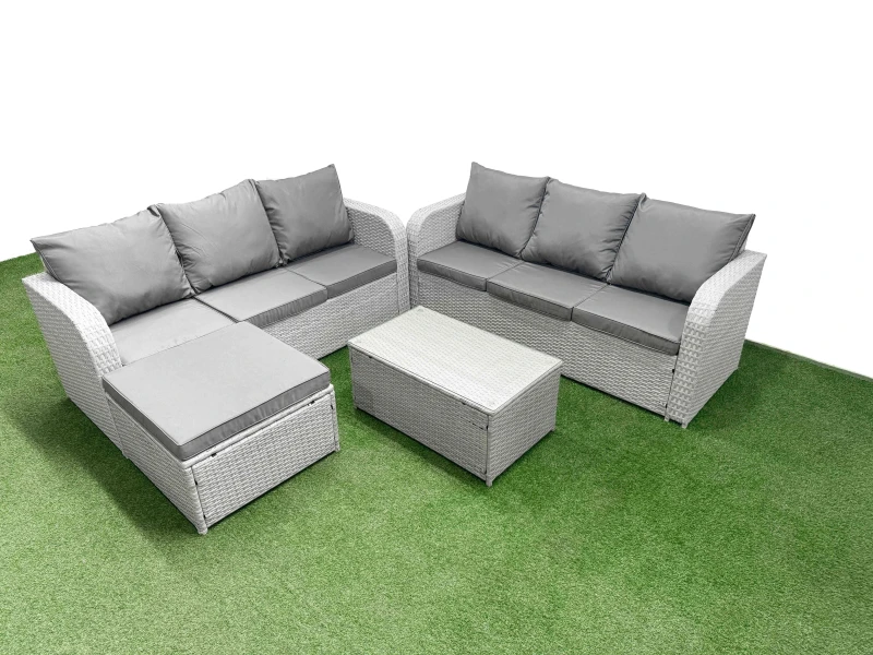 Image of Fimous Outdoor Garden Furniture Sets 7 Seater Wicker Rattan Furniture Sofa Sets with Rectangular Coffee Table high Back Lounge Sofa Big Footstool Ligh
