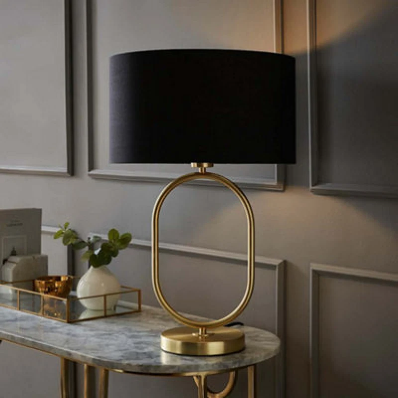 Image of Valuelights Antonia Black Fabric Drum Lamp Shade Brushed Gold Oval Table Lamp