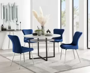 image of Adley Grey Concrete Effect Round Dining Table & 4 Nora Silver Leg Velvet Chairs