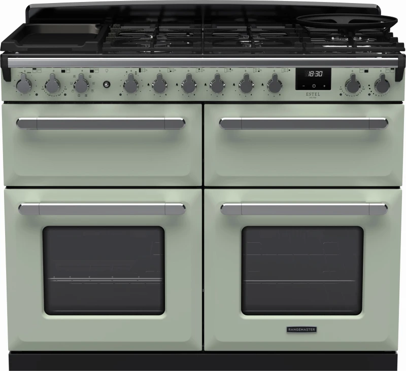 Image of Rangemaster Estel Deluxe ESDLB110DFPMNT/CM1 110cm wide Dual Fuel Range Cooker with Gas Hob - Mint / Chrome - A/A Rated