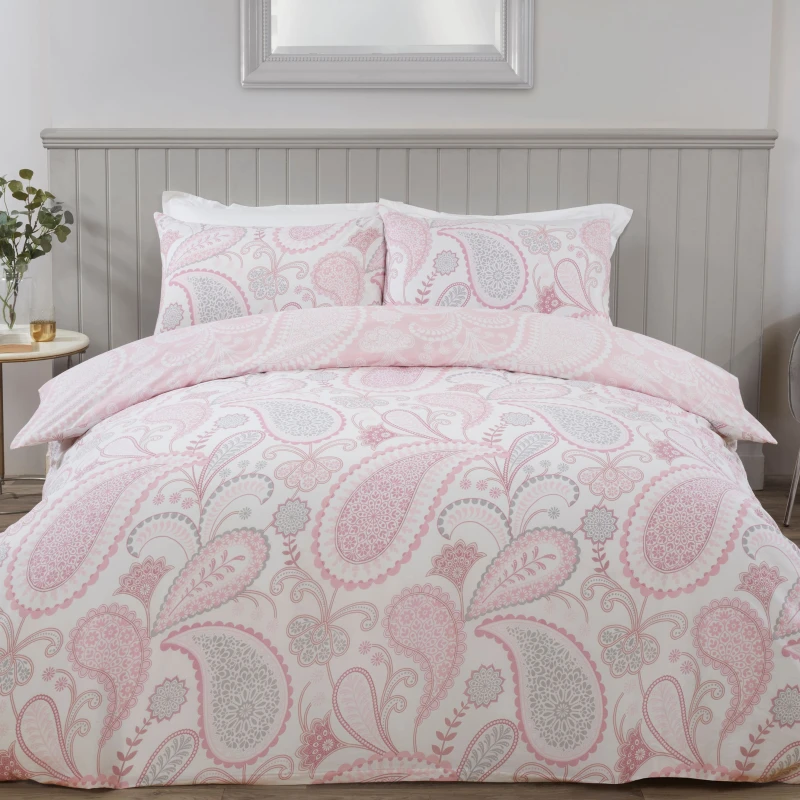 Image of Smart Living Smart Living Printed Reversible Polycotton Paisley Duvet Cover With Pillowcases in Pink Size: Super King Pink Super King Unisex 5056242