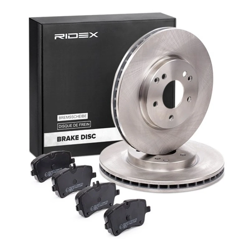 Image of RIDEX 3405B1414 Brake disc and pads set Front Axle, Brake Disc Type: internally vented, prepared for wear warning indicator, with anti-squeak plate B