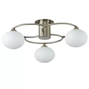 Image of Contemporary Multi Arm Semi Flush Ceiling 3 Light Antique Brass, Glass