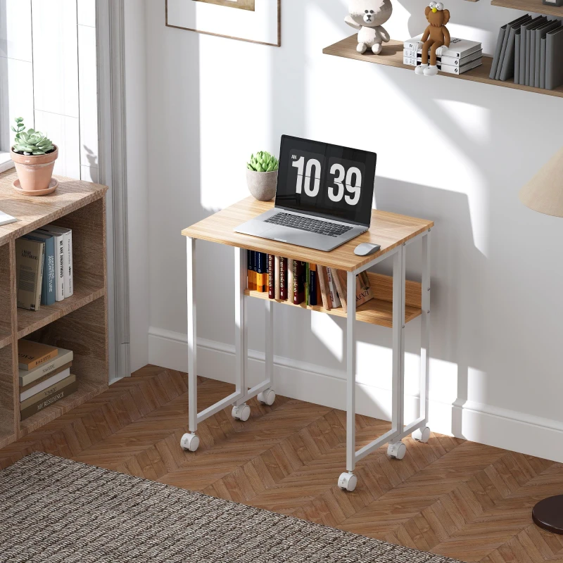 Image of HOMCOM HOMCOM 63cm Foldable Computer Desk on Wheels for Small Spaces Natural Natural Small Unisex 5063603158467