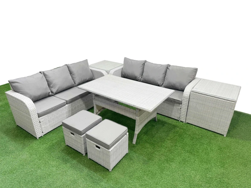 Image of Fimous Outdoor Garden Furniture Sets 8 Seater Wicker Rattan Furniture Sofa Sets with Rectangular Dining Table high Back Lounge Sofa Stools 2 Side Tabl