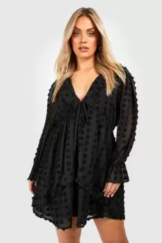 Image of Plus Large Dobby Mesh Ruffle Mini Smock Dress