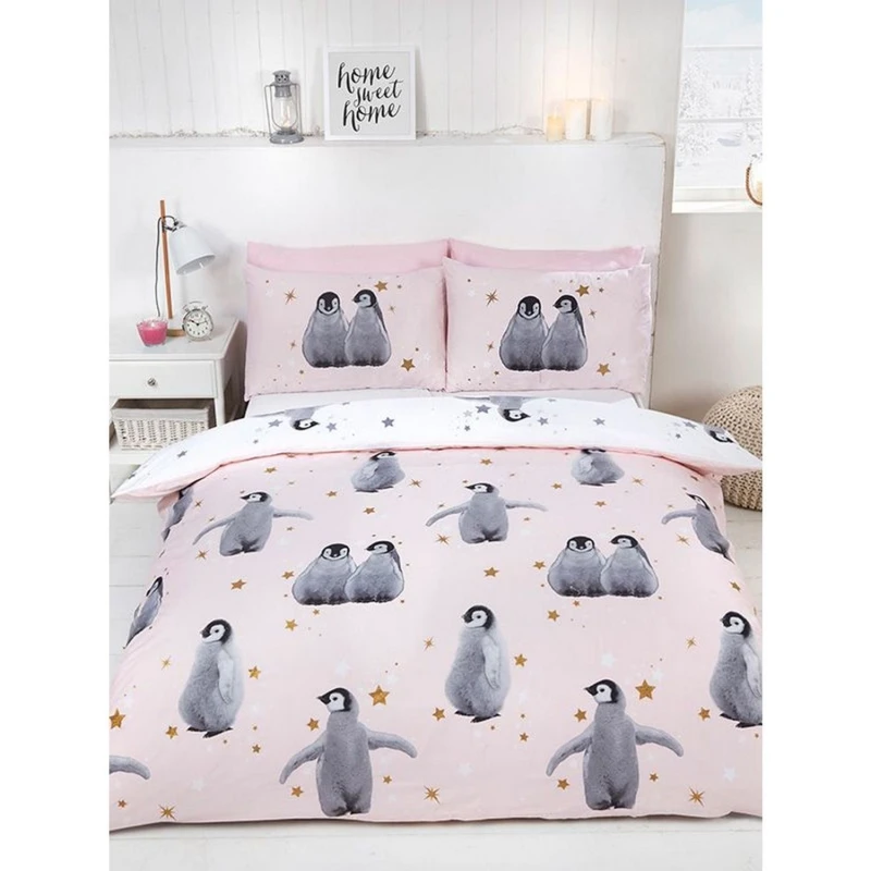 Image of Rapport Reversible Penguin Duvet Cover Set in Pink Size: Double Pink Unisex Double
