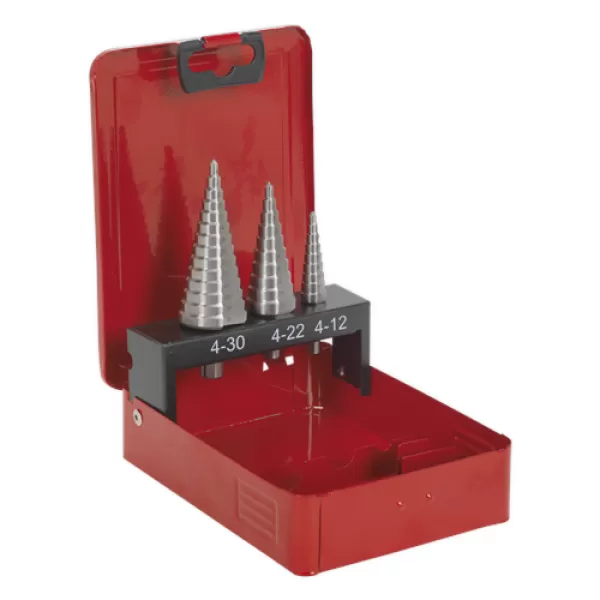 Image of Genuine SEALEY AK4733 HSS M2 Step Drill Bit Set 3pc Double Flute