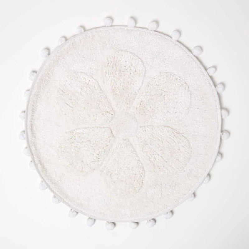 Image of Homescapes Floral Bath Mat White 100% Cotton With Pom Pom Edges