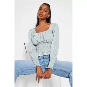 Image of I Saw It First Blue Long Sleeve Square Neck Floral Top - Blue