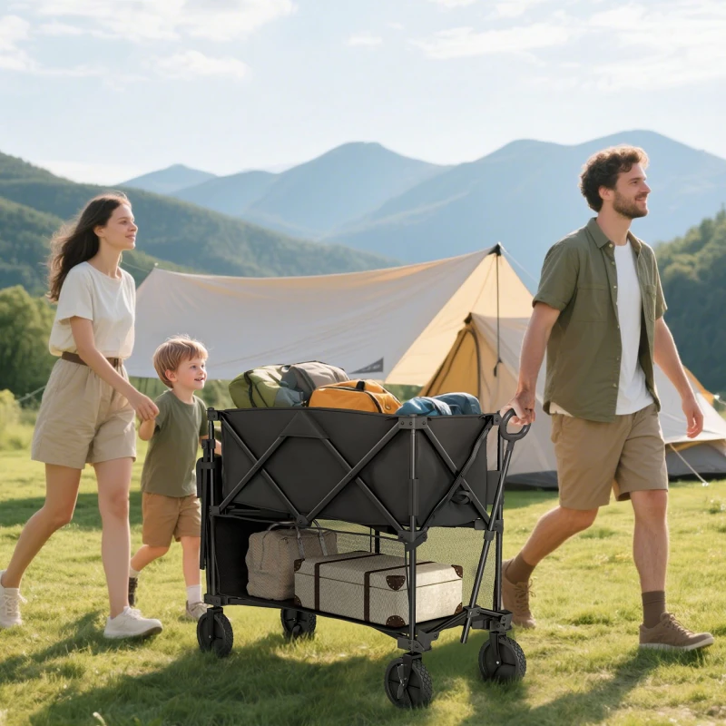 Image of Outsunny Double Decker Folding Trolley Cart On Wheels - 200KG Capacity - Black TJ Hughes 5063603931275