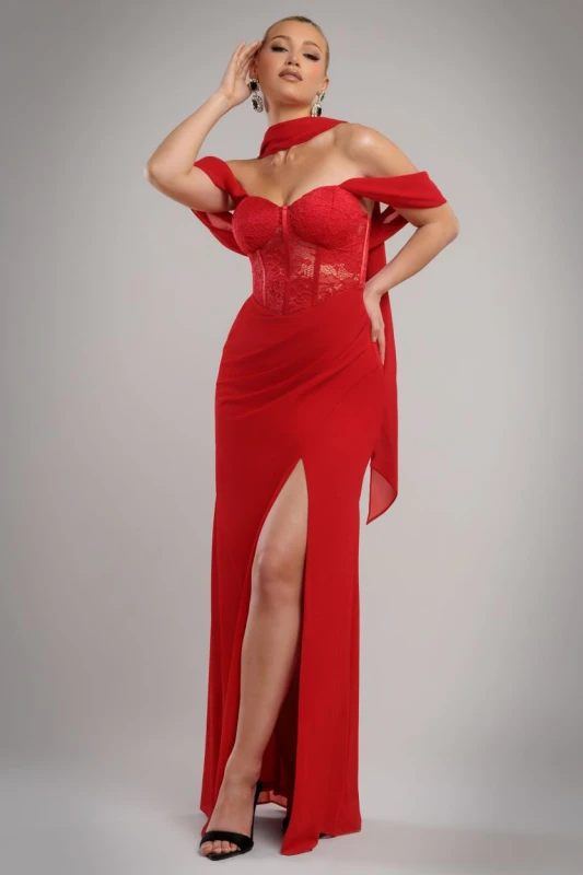 Image of Goddiva Womens Scalloped Lace & Chiffon Winged Corset Bodice Maxi Dress in Red Size: 10 Red Female 10