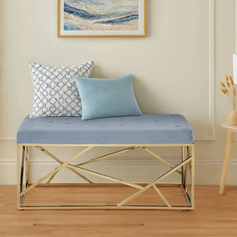 Image of Orsina Luxe Gold And Powder Blue Velvet Bench, Stylish Garden Bench For Outdoor, Accent Dining Bench For Diningroom