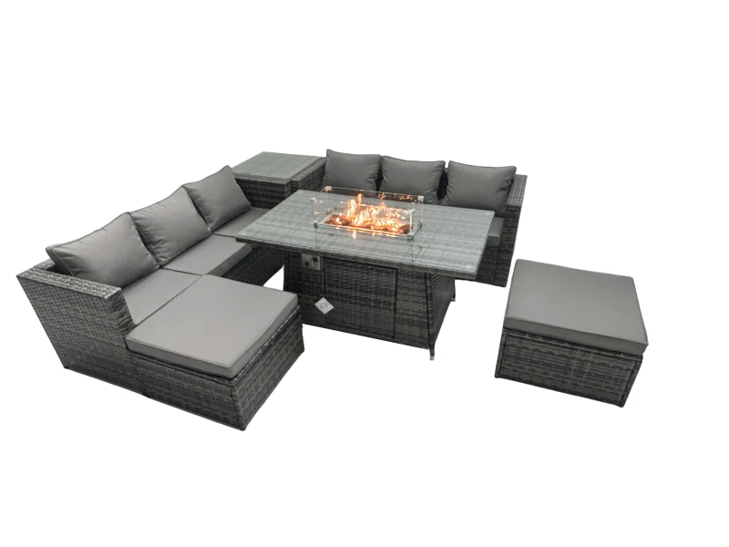 Image of Fimous Rattan Garden Furniture Firepit Dining Set 6 Seater Lounge Sofa Table Set with Side Tables 2 Footstool Dark Grey