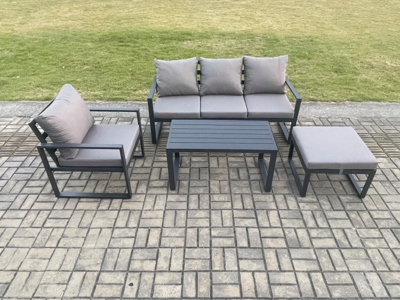 Image of Fimous Aluminium Outdoor Garden Furniture Set Patio Lounge Sofa with Oblong Coffee Table Big Footstool Armchair Dark Grey Dark Grey Unisex
