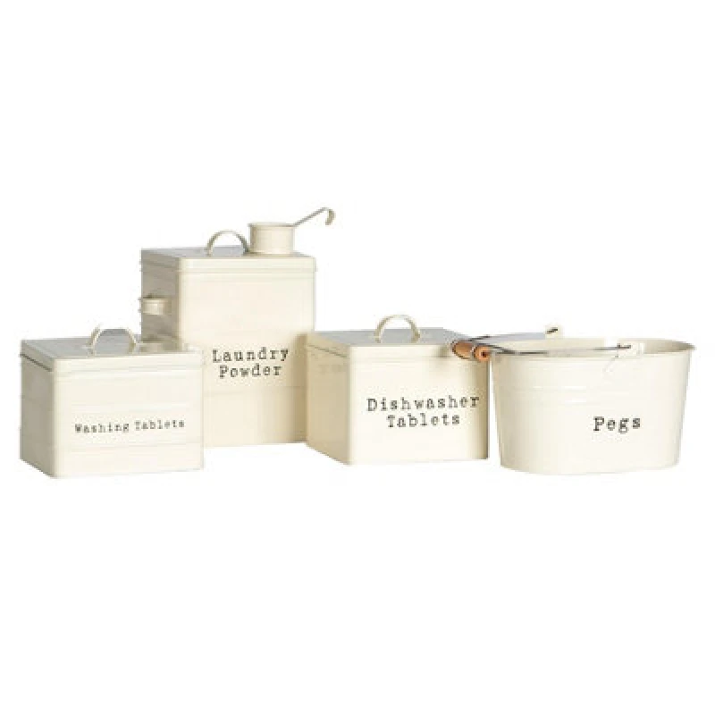 Image of Harbour Housewares 4 Piece Utility Canisters Set - Cream - Vintage Metal Home Kitchen Canister Tin Box Utility Laundry Storage
