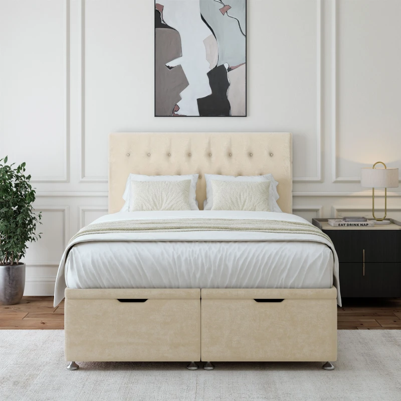 Image of Bedmaster Bedmaster Luxury Velvet Ottoman Divan Base And Button Headboard in Natural Size: Super King Natural Super King Unisex 7867868743219