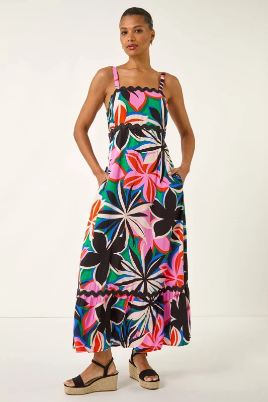 Image of Roman Womens Floral Ric Rac Maxi Dress in Fuchsia Size: 20 Fuchsia Female 20